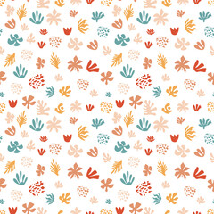 Fototapeta na wymiar Mid century abstract seamless pattern with leaves. Abstract floral and geometric shapes vector illustration.