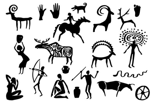 Primitive men and woman silhouette with horse, deer, bull. Rock painting style. Vector hand drawn illustration isolated on white background. Image of cave people everyday life. Art element for design.