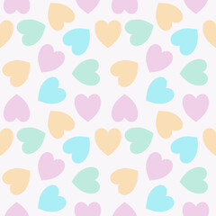 hearts arranged in pastel background, for fabric print, design background, multicolored hearts on white background, yellow color, green color, violet color, pink color