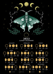 Lunar calendar 2022. Moon phases calendar for 2022 with beautiful lunar moth and golden moons. For Northern hemisphere.