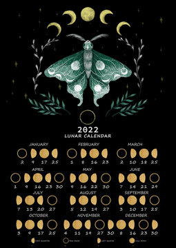 Lunar Calendar 2022. Moon Phases Calendar For 2022 With Beautiful Lunar Moth And Golden Moons. For Northern Hemisphere.