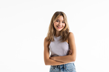 Young woman portrait isolated over white background.