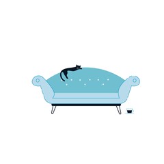 Vector flat cartoon couch with sleeping cat isolated on empty background-modern furniture,living room interior elements,comfort home life concept,web site banner ad design