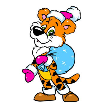 Funny tiger character santa gift bag congratulation new year card illustration cartoon