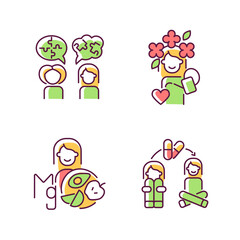 Mental disorders treatment RGB color icons set. Depression medication therapy. Mental health and wellbeing. Psychotherapy. Isolated vector illustrations. Simple filled line drawings collection