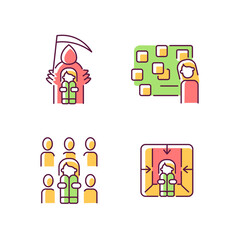 Fears and phobias RGB color icons set. Fear of crowd and death. Depersonalization due to awe. Panic attack and mental disorder. Isolated vector illustrations. Simple filled line drawings collection