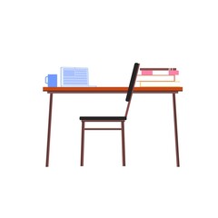 Vector flat cartoon chair and table with laptop,textbooks,coffee cup isolated on empty background-online education,electronic home appliances,room interior elements concept,web site banner ad design