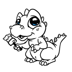 Little dinosaur funny character house painter paint brushes work art illustration coloring cartoon