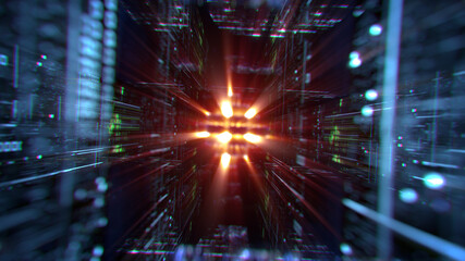 Flight through futuristic technology tunnel 3D rendering illustration