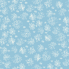 Seamless pattern with hand drawn meadow flowers in Ditzy style. Outlined illustrations on sky blue background for surface design and other design projects