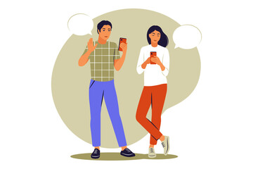 Live conversation between two friends. Guy and girl standing with phones and speech bubbles. Vector illustration. Flat.
