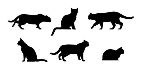 Set of Black Cats Silhouette on White Background. Icon Vector Illustration. Concept for  Logo, Print, Sticker.