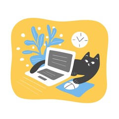Cute black cat and a laptop, cute vector illustration.