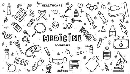 Medical doodle poster with medicines, test tubes and a thermometer. Big pharmacy set. Template for an advertising, pattern or remote medical consultations for adults and children. Vector illustration