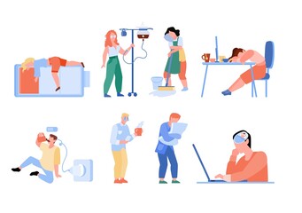 Fototapeta na wymiar Fatigue overwork people at work isolated set. Tired male female office workers sit, sleep, express frustration, charge battery, dream about vacation, feel lack of energy vector illustration
