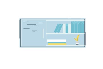 Vector flat cartoon shelf with folders,home plant and stuff isolated on empty background-furniture and interior elements concept,web site banner ad design