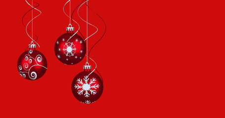 Image of christmas tree decorations over red background