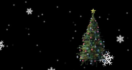 Image of snow falling over christmas tree on dark background