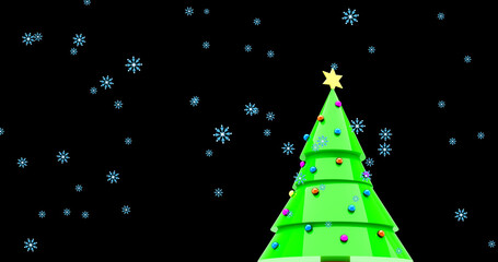 Image of snow falling over christmas tree on dark background