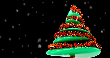 Image of snow falling over christmas tree on dark background