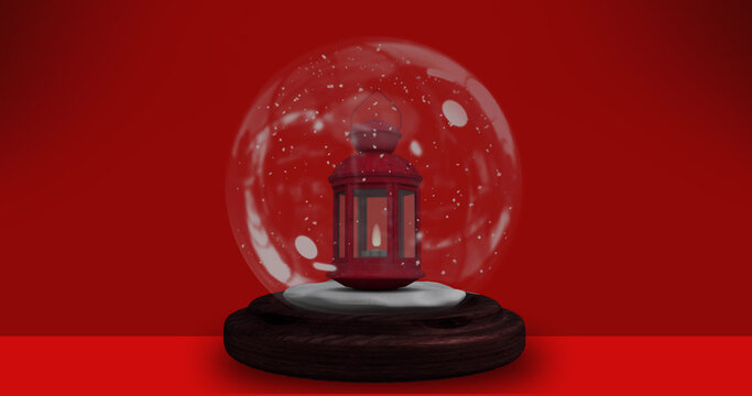 Image of red lantern in snow globe over red background - Powered by Adobe