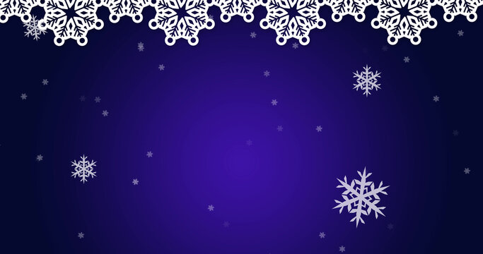 Image of falling snowflakes on dark blue background
