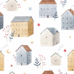 Obraz na płótnie Canvas Beautiful winter vector seamless pattern with hand drawn watercolor cute houses. Stock illustration.