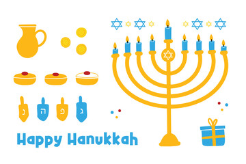 Set, collection of cute and colorful Hanukkah vector design elements.
Menorah with nine lighting candles, david stars, dreidels, coins, sufganiyot, gift.
