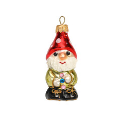 Vintage little glass gnome for decoration of Christmas tree. Fairy dwarf in red cap. Close-up, isolated on white background for your design.