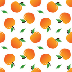 Cute peach fruits with green leaves cartoon style vector seamless pattern background.
