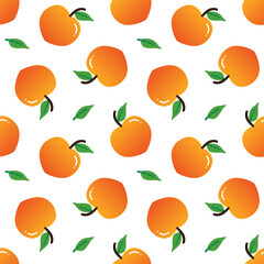 Cute peach fruits with green leaves cartoon style vector seamless pattern background.
