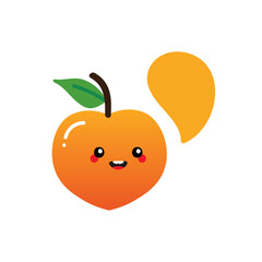 Cute cartoon style smiling peach fruit character with empty, blank speech bubble.