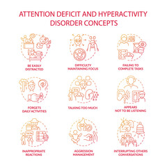 Attention deficit and hyperactivity disorder concept icons set. Emotions management idea thin line color illustrations. Forgets deadlines. Inappropriate reactions. Vector isolated outline drawings