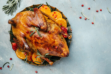 Roast duck with orange, rosemary, berry and spices. banner, menu, recipe place for text, top view