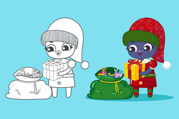 Santa's cat helper preparing christmas bag with gifts