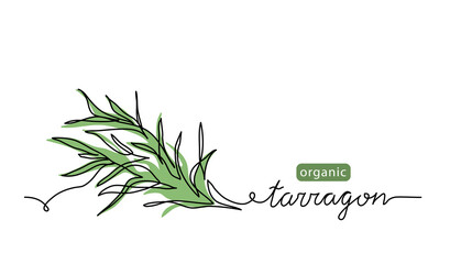 Tarragon, estragon leaves simple vector sketch drawing. One continuous line art illustration for herb label design with lettering tarragon - obrazy, fototapety, plakaty