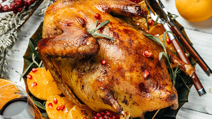 Roast duck with oranges for the Holidays. Restaurant menu, dieting, cookbook recipe