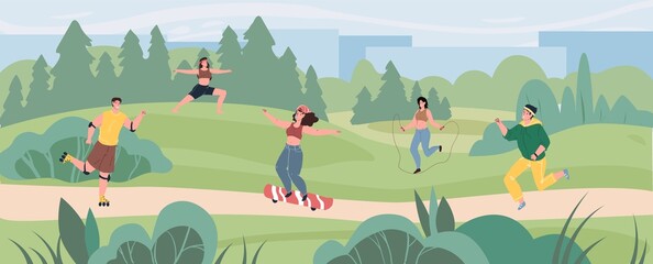 Vector flat cartoon characters enjoy sport activities at summer park-skating,jumping,running,doing yoga outdoor.Healthy sporty lifestyle social concept,web site banner ad design