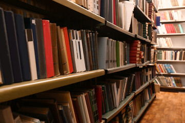 Collection of different books on shelves in library