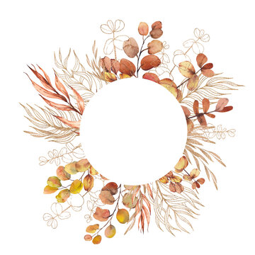 Round frame with golden eucalyptus and palm leaves. Watercolor and gold line illustration isolated on white background.