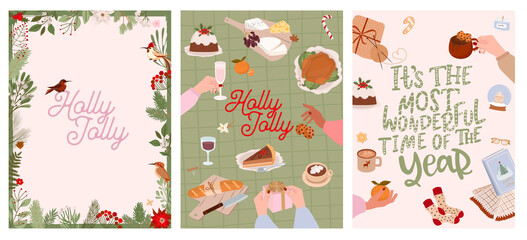 Collection of Holidays cards. Seasonal cozy hygge home decor, food. Perfect for Merry Christmas, Happy New Year, holidays, invitation card and greeting card. Editable vector illustration.