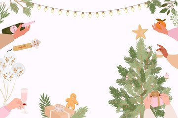 Holidays poster with seasonal cozy hygge home decor. Merry Christmas, Happy New Year, holidays, invitation card. Editable vector illustration.