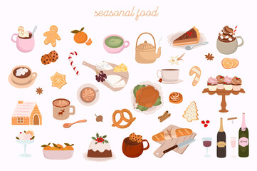 Collection of Holidays seasonal food. Perfect for Merry Christmas, Happy New Year, holidays, invitation and greeting card. Editable vector illustration. - Powered by Adobe