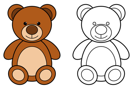 Cartoon teddy bear colorful and black and white. Coloring book page for children. Colored and outline vector children's toy illustration isolated on white. Game for kids.