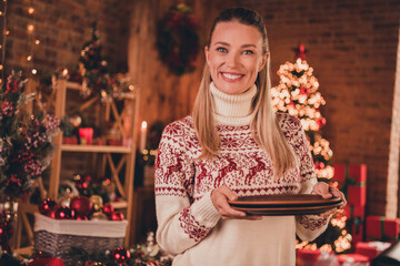 Photo of pretty adorable young lady dressed print pullover preparing christmas dinner smiling...