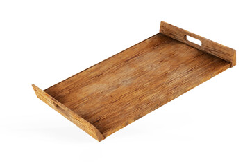 3D render of a beautiful empty wooden coffee table tray for products overlay mockup, template on background with morning sunlight. Backdrop, Earth tone, Natural, Organic, Tea break