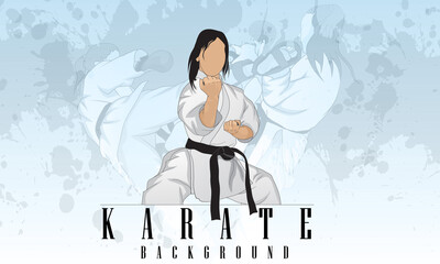 A woman in a martial arts karate fighting pose. Abstract background. Logo.