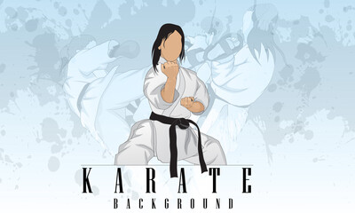 A woman in a martial arts karate fighting pose. Abstract background. Logo. © KivKom