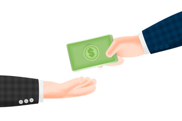 3D Cartoon illustration businessmen hand holding dollar money paper, payment salary concept.