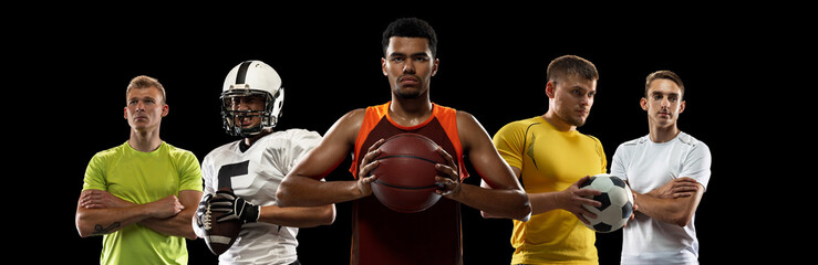 Sport collage. Male tennis, soccer, volleyball, american football players standing like team...